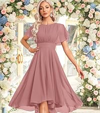 Women&#39;s Chiffon Bridesmaid Dresses with Pockets Tea Length Short Sleeve