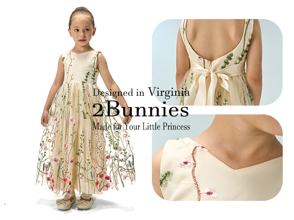 2Bunnies Embroidered Tulle Girl Dress in Ivory