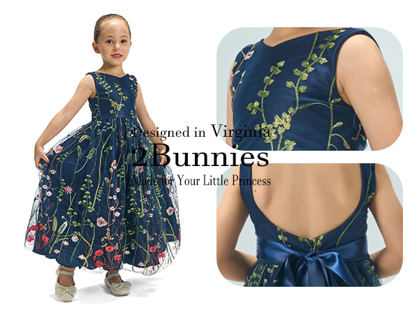 2Bunnies Wildflower Embroidered Girl Dress in Navy