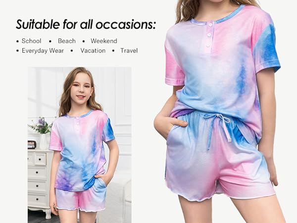 tween girl summer spring short sleeve ruffled button outfit sets pockets clothes two piece 