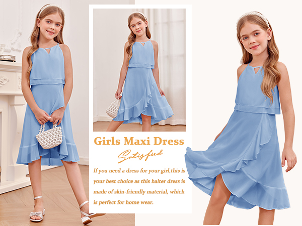 Girls Halter Neck Chiffon Dress Wedding Elegant Party Gown 5-14 Years