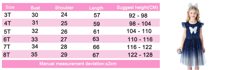 Size chart for girls princess dress