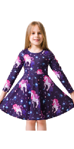 Long Sleeve Star Unicorn Dresses for Little Girls Cotton Fall Clothes Navy Blue