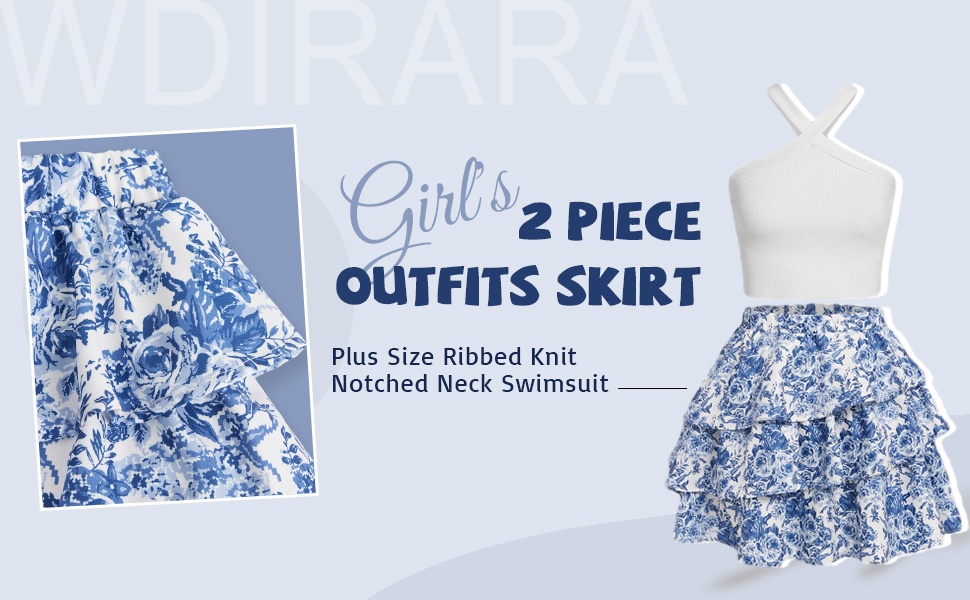 WDIRARA Girl''s Sets Floral Print Textured Ribbed Knit Halter Cami Top Tiered Layer Skirt Sets