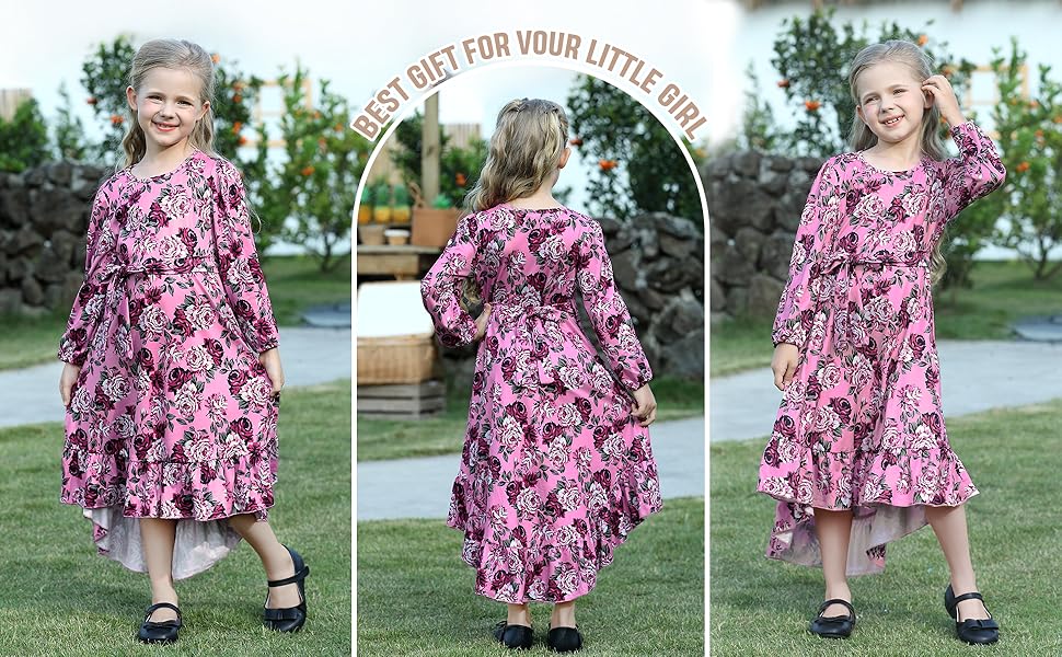 Girls Long Sleeve Floral Casual Boho Long Dresses