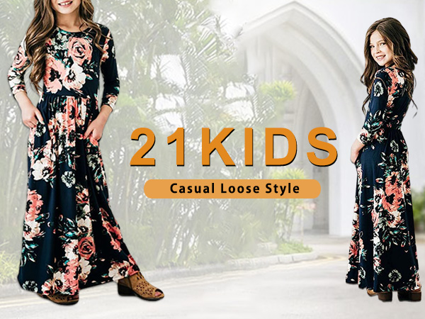 21KIDS Girls Maxi Dress with Pockets for Girls 6-12 Years