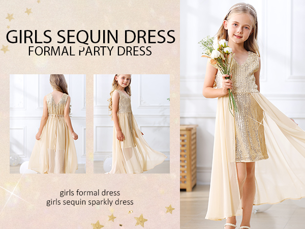 Uymwthl Gold Sequin Dress Girls Formal Dresses Size 8-10 Kids Sparkly Prom Party Birthday Dresses