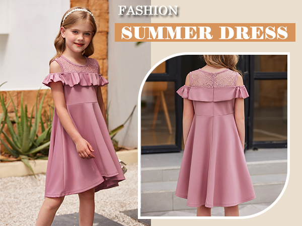 Arshiner Girls Dress Summer Ruffle Cold Shoulder Lace Splicing A Line Vintage Party Dresses