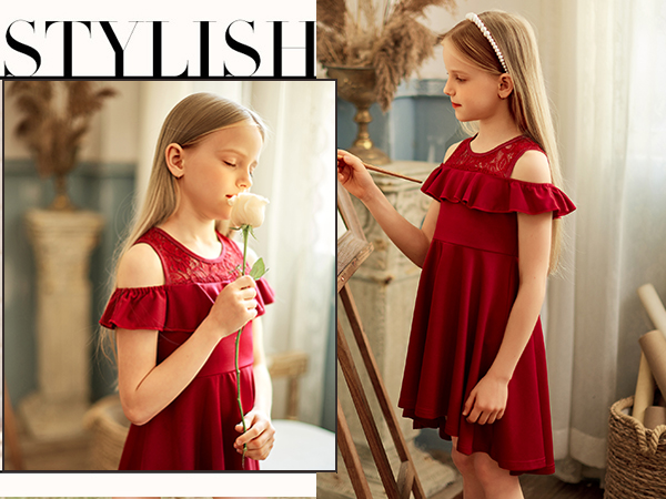 Arshiner Girls Dress Summer Ruffle Cold Shoulder Lace Splicing A Line Vintage Party Dresses