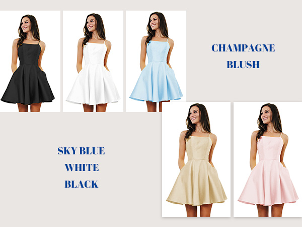 short homecoming dresses for teens with pockets spaghetti straps a-line satin formal gowns