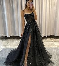 Glitter Tulle Prom Dresses 2024 Long Spaghetti Straps A Line Formal Evening Ball Gowns with Slit