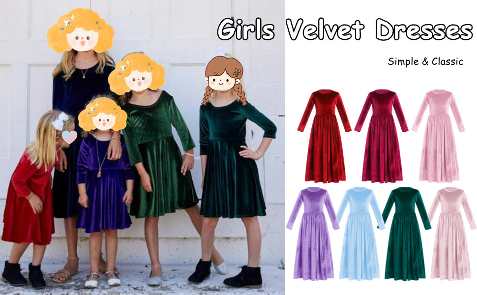 Girls Winter Velvet Dress Pageant Christmas Party Ball Gown Long Sleeve Maxi Wedding Dresses for Kid