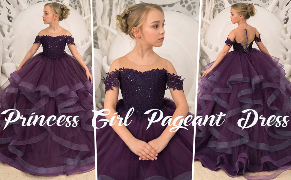 Girls Off Shoulder Pageant Dresses Long Appliques Ruffle Tulle Princess Flower Girl Dress Ball Gown