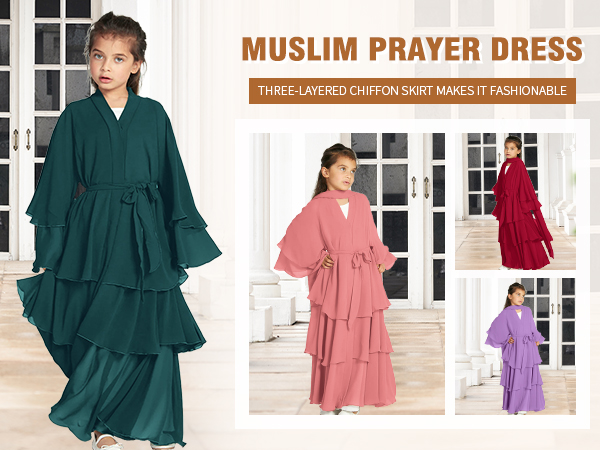 Kids Girls Abayas layered Chiffon Cardigan Dubai Kaftan Prayer Dress