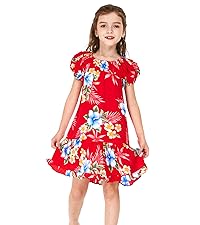 Girl&#39;s Short Sleeve Muumuu Ruffle Dress in Hibiscus Red