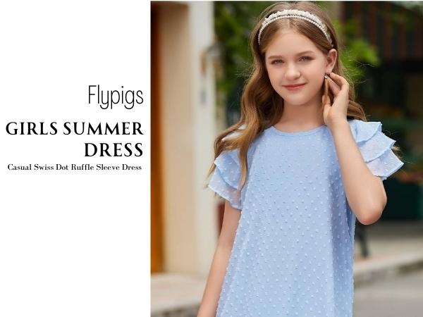 Girls Dresses Ruffle Flutter Sleeve Round Neck Swiss Dot Dress