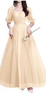 puffy sleeves prom dress for women a line long wedding guest dress tulle formal cocktail gown