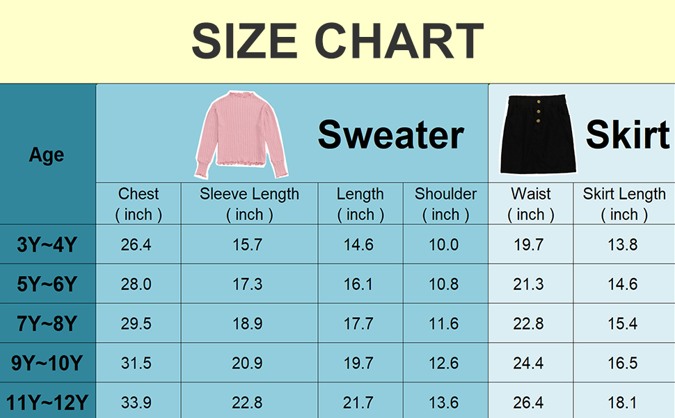 girl 2 piece outfit set size chart