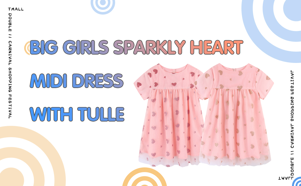 Mud Kingdom Girls Tunic Dress with Tulle Cute Sparkle Love Heart Short Sleeve