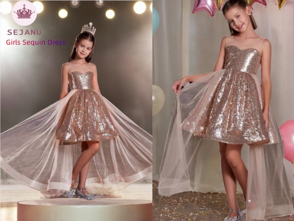 Girls Sequin Dress Sparkly Formal Birthday Party Tulle Pageant Dresses for Girls Prom Dresses 6-14Y