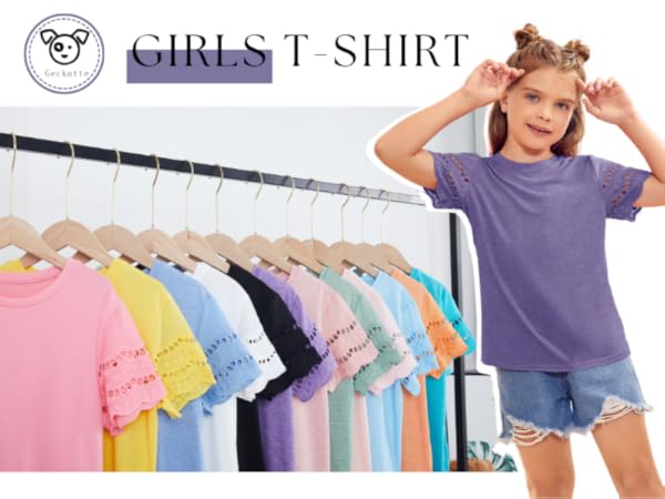 Geckatte Girls'' T-Shirts Short Sleeve Crewneck Cutout Casual Solid Basic Tee Shirts Tops 5-14 Years