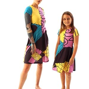 Image of adult and child in matching Nightmare Before Christmas Sally dresses