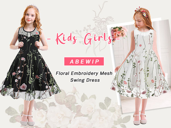 Kids Girls 1950s Retro Dress Sleeveless Floral Embroidery Mesh Swing Dress Cocktail Dress