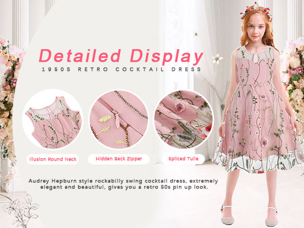 Kids Girls 1950s Retro Dress Sleeveless Floral Embroidery Mesh Swing Dress Cocktail Dress