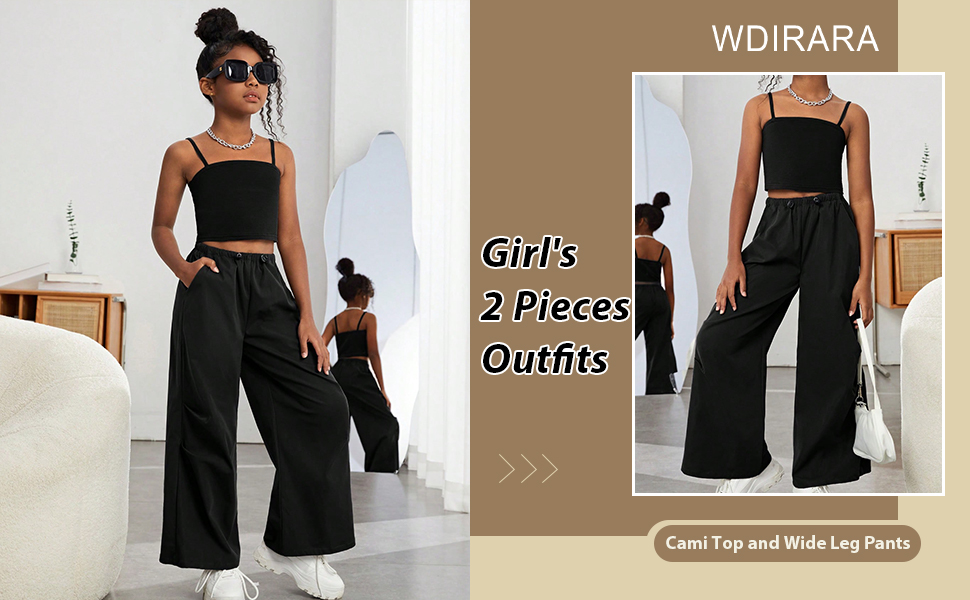 WDIRARA Girl''s 2 Pieces Outfits Sleeveless Cami Top and Wide Leg Pants With Drawstring