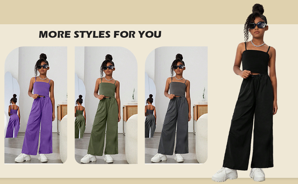 WDIRARA Girl''s 2 Pieces Outfits Sleeveless Cami Top and Wide Leg Pants With Drawstring