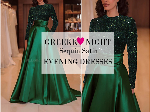 Sequin Long Sleeve Prom Dresses for Women Satin Ball Gowns 