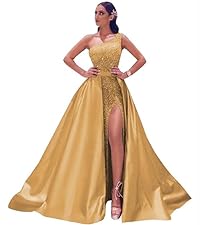 One Shoulder Sequin Prom Dress with Detachable Train