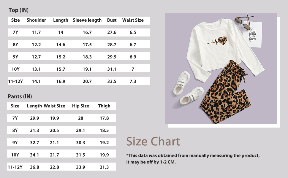 OYOANGLE Girl''s 2 Piece Heart Print Long Sleeve Round Neck Top and Leopard Paperbag Waist Pants Set