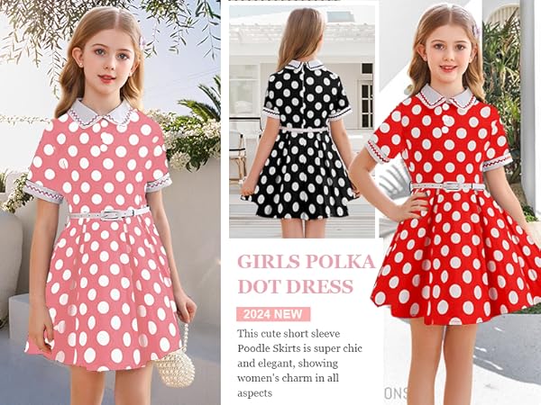  Grils Vintage 50''s Retro Polka Dot Dress Party Outfit with Belt Peter Pan Collar Easter Dress