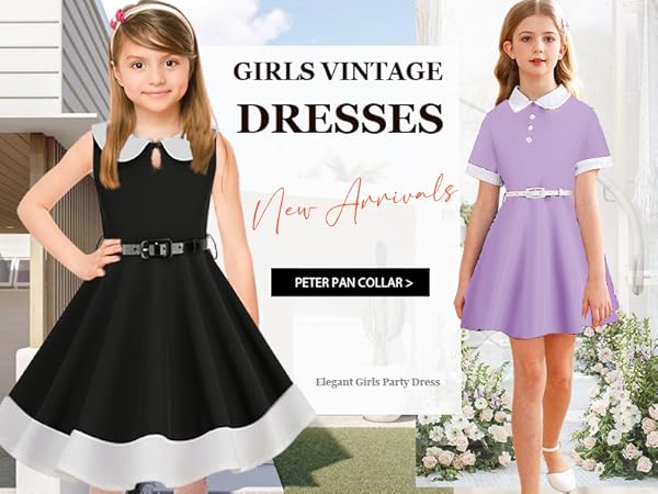 Girls Vintage Dresses Audrey 50''s Retro Dress Sleeveless Party with Belt Peter Pan Collar Dress