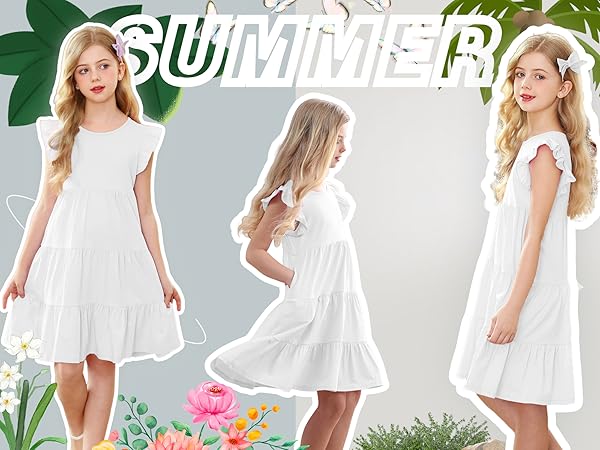 Girls Summer Dresses Ruffled Sleeves Tiered Swing Sundress with Pockets