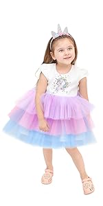 Lilax Little Girls Unicorn Dress, Layered Rainbow Tutu Gown Unicorn Headband