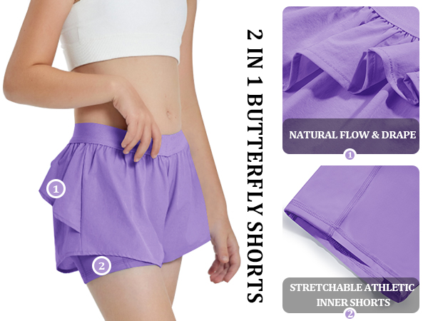 Girls Flowy Shorts,Butterfly Shorts for Teen Girls with Spandex Liner 2-in-1 for Running Gym