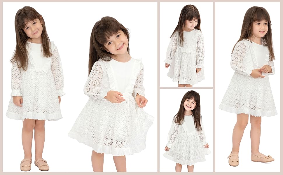 Little Girls’ Long-Sleeve Lacy Dress, Vestido de encaje de manga larga para niña