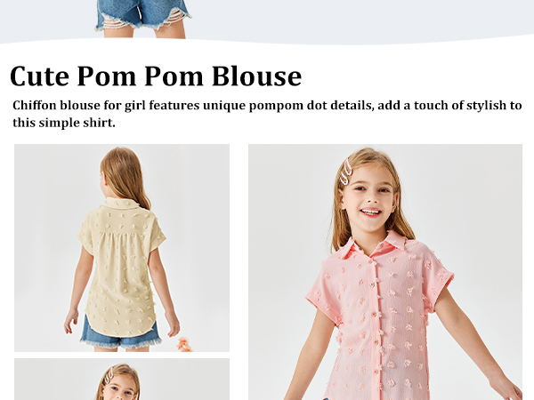 Girls Button Down Shirts Short Sleeve Kids Cute Pom Pom Chiffon Blouse Casual Summer Tops T-shirt