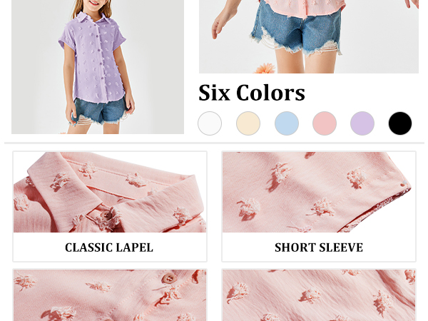 Girls Button Down Shirts Short Sleeve Kids Cute Pom Pom Chiffon Blouse Casual Summer Tops T-shirt