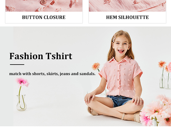 Girls Button Down Shirts Short Sleeve Kids Cute Pom Pom Chiffon Blouse Casual Summer Tops T-shirt