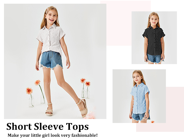 Girls Button Down Shirts Short Sleeve Kids Cute Pom Pom Chiffon Blouse Casual Summer Tops T-shirt