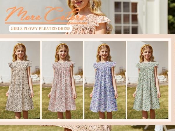 Flypigs Girl Dresses Short Sleeve Ruffle Trim Sundress Lightweight Summer Swing Floral Dresses