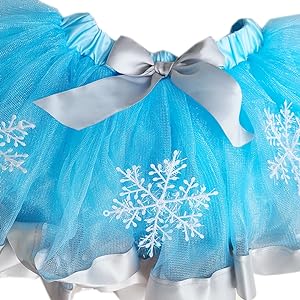 3pcs white snowflake and gorgeous bow at the waist. Soft satin covered elastic waistband.