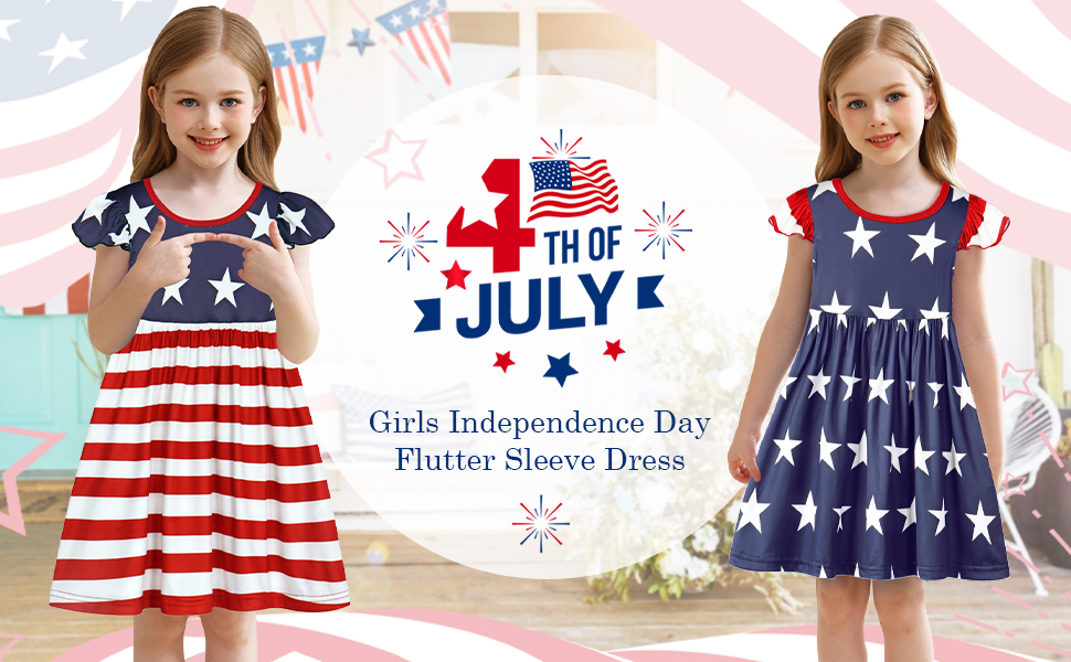 4th of July Dress Girls American Flag Striped Flutter Sleeve Independence Day Dresses Swing Sundress