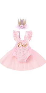 Baby Girl First Birthday Outfit Ruffle Short Sleeve Floral Lace Romper Tulle Dress+Crown Headband