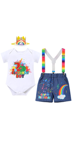 1st/2nd/3rd/4th/5th Birthday Outfit Boy Short Sleeve Romper/T-shirt+Rainbow Suspenders+Denim Shorts