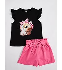 Floerns Girls 2 Piece Outfit Ruffle Trim Tee Top with Paperbag Waist Shorts Set