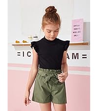 Floerns Girls 2 Piece Outfit Ruffle Trim Tee Top with Paperbag Waist Shorts Set